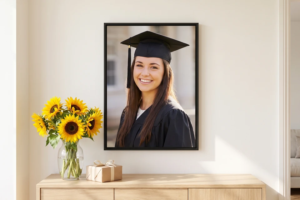 Abschlussfoto einer Absolventin im schwarzen Schattenfugenrahmen über einem Sideboard mit Sonnenblumen