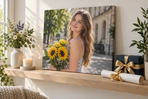 Abschlussfoto auf Leinwand auf einem Wandbord