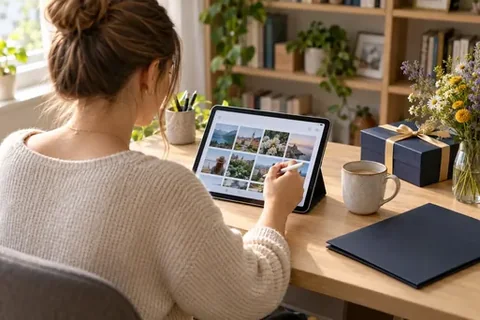 Frau wählt am Tablet Fotos für ein Abschlussgeschenk aus