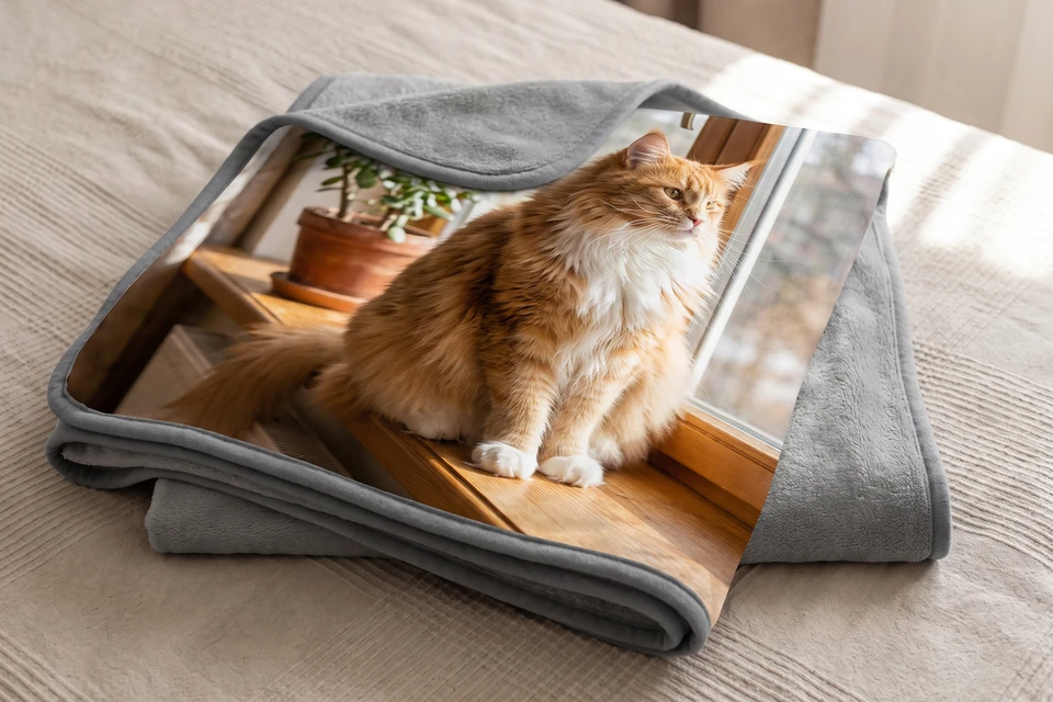 Fotodecke mit Katzenfoto auf einem Bett