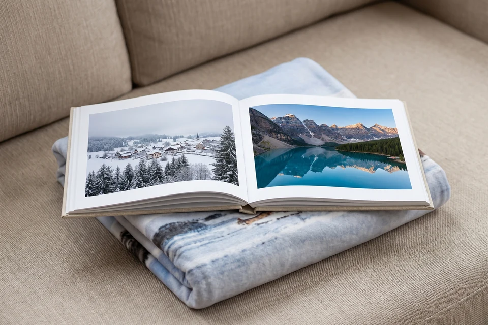 Aufgeschlagenes Fotobuch auf einer Kuscheldecke