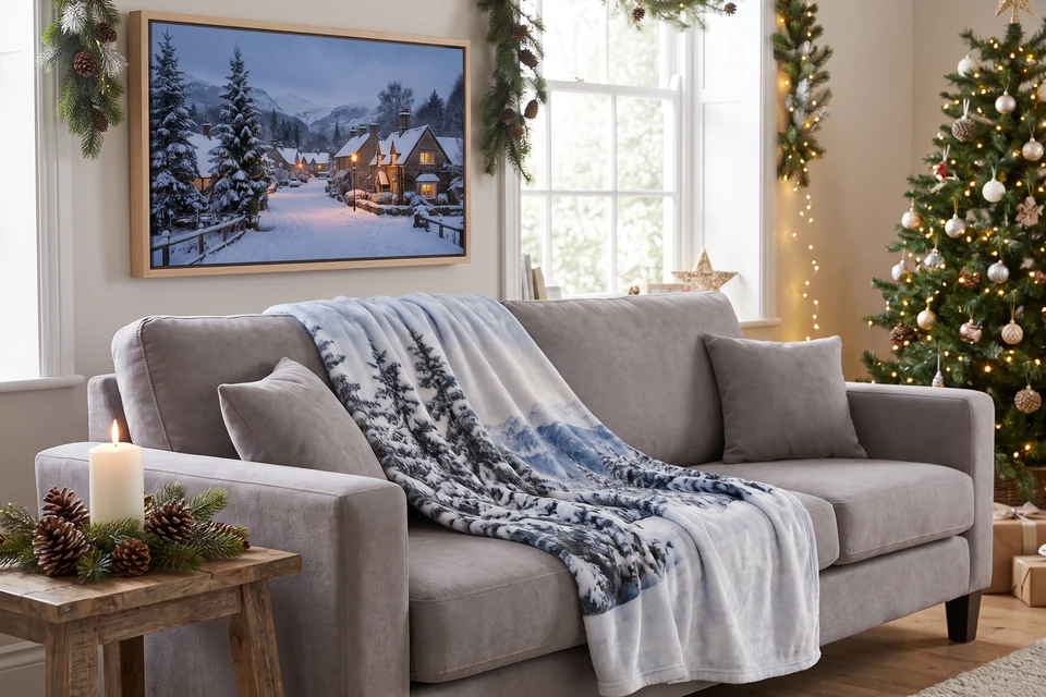 Wohnzimmer mit Fotodecke und Foto im Schattenfugenrahmen