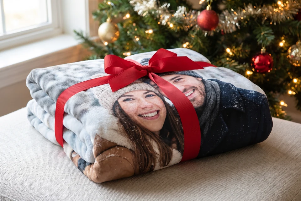 Fotodecke als Weihnachtsgeschenk unter dem Baum