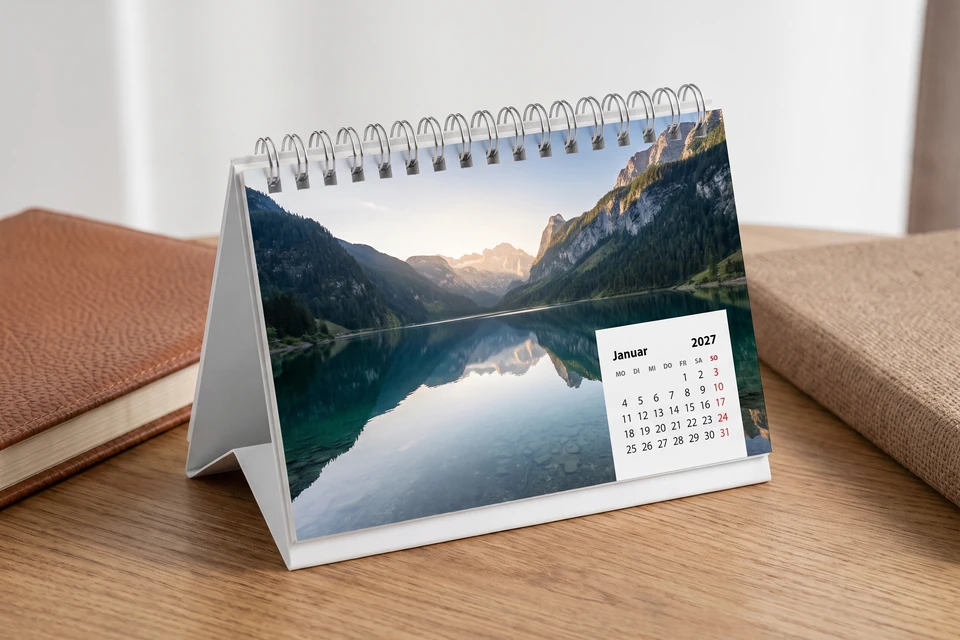 Tischkalender mit Landschaftsfoto auf einem Schreibtisch