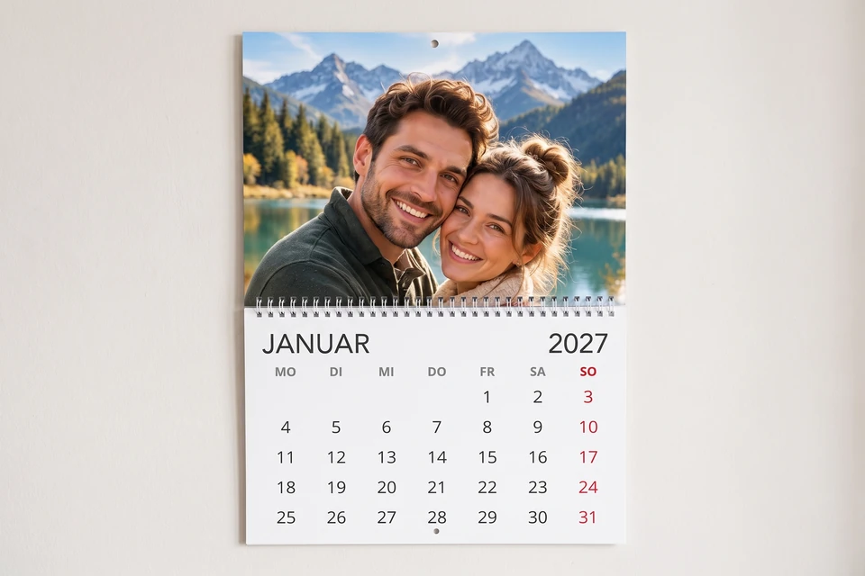 Klappkalender mit Paarfoto an einer Wand