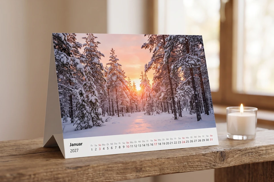 Postkartenkalender mit Winterfoto auf einem Regal