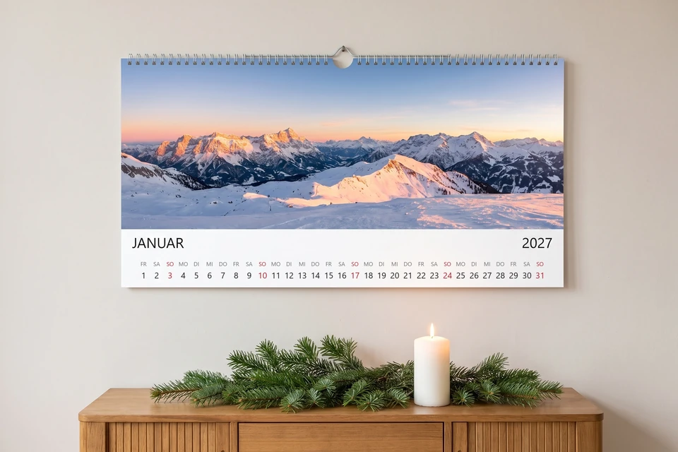 Panoramakalender mit verschneitem Bergpanorama an einer Wand