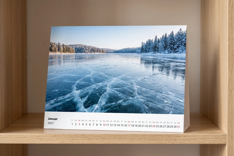 Postkartenkalender und Tischkalender auf einem Regal