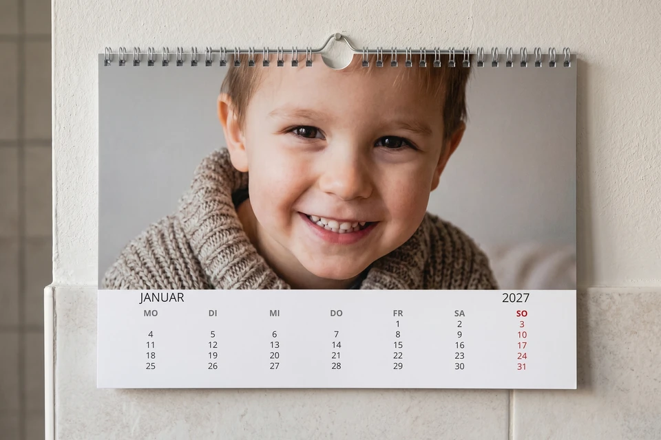 Wandkalender mit Enkelfoto an einer Küchenwand