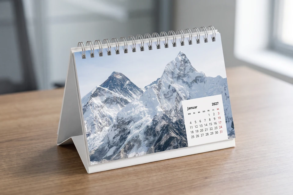 Tischkalender mit Bergfoto im Büro