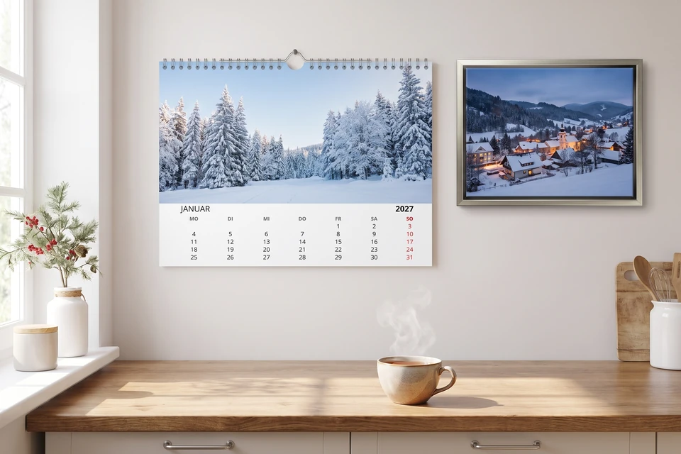 Küche mit Wandkalender und Foto im Schattenfugenrahmen