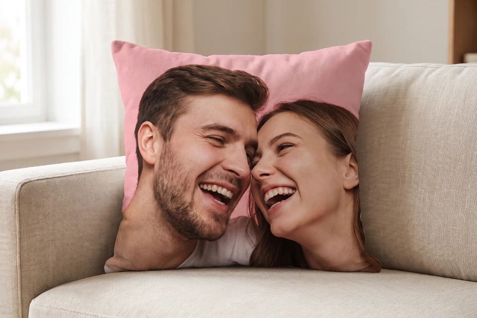 Plüsch-Fotokissen mit Paarfoto auf einem Sofa