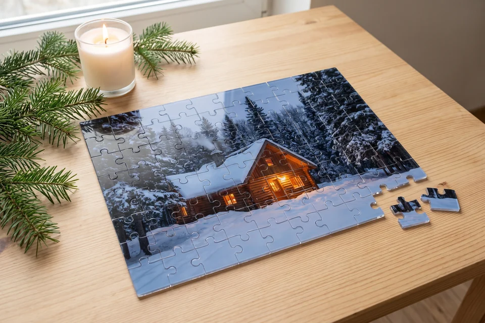 Acrylglas-Puzzle mit Winterfoto auf einem Tisch