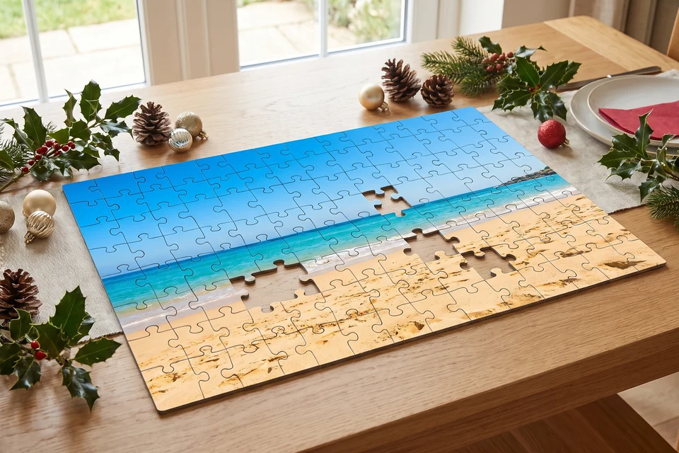 Fotopuzzle auf einem Esstisch zu Weihnachten