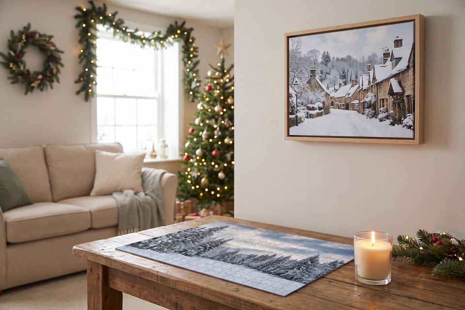Wohnzimmer mit fertigem Fotopuzzle und Foto im Schattenfugenrahmen