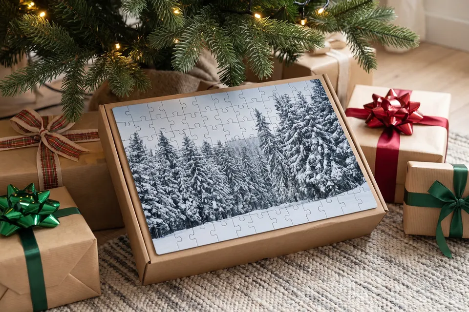 Fotopuzzle in einer Geschenkbox unter dem Weihnachtsbaum