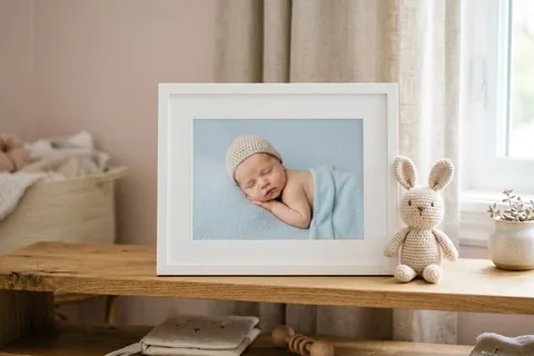 Gerahmtes Babyfoto auf einem Wandbord im Kinderzimmer
