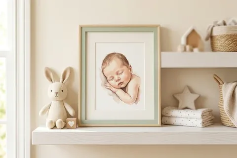 Gezeichnetes Babyporträt im Holzrahmen im Kinderzimmer