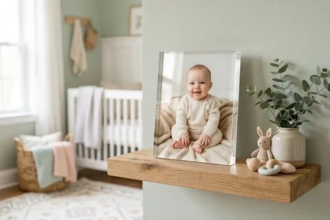 Babyfoto auf Acrylglas auf einem Wandbord