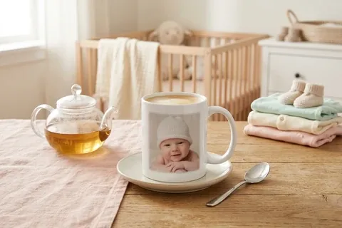 Fototasse mit Babyfoto auf einem Tisch neben Babyschuhen