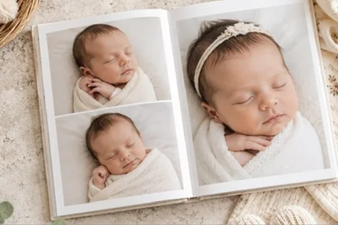 Aufgeschlagenes Babyfotoalbum mit Fotos des Neugeborenen