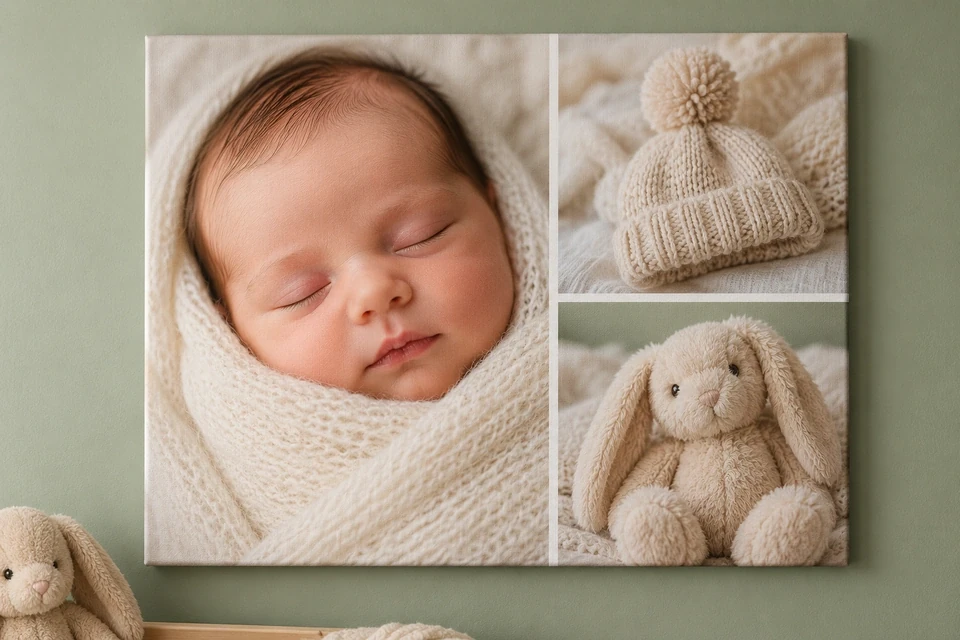 Fotocollage auf Leinwand zur Geburt mit schlafendem Neugeborenen, Babymütze und Plüschhase