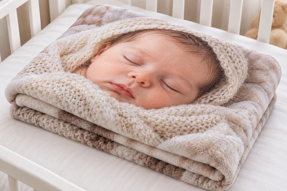 Fotodecke mit Foto eines schlafenden Neugeborenen im Babybett