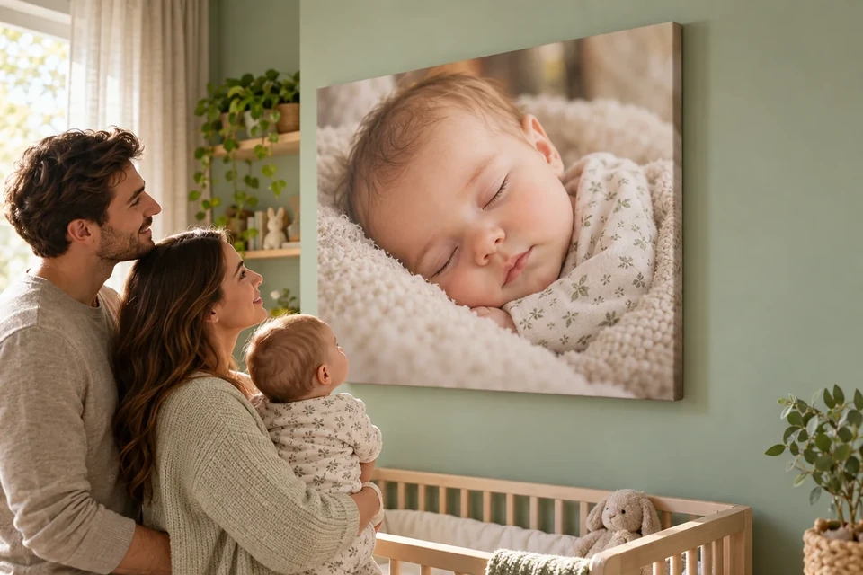 Eltern mit Baby vor der Leinwand mit Babyfoto im Kinderzimmer