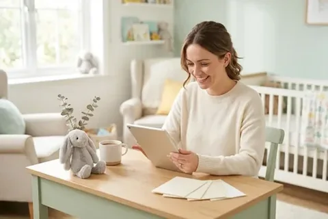 Frau gestaltet am Tablet ein Geschenk zur Geburt im Kinderzimmer