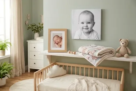 Babyfoto auf Leinwand und im Rahmen über der Wickelkommode
