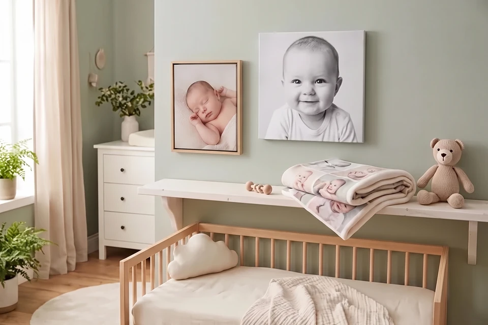 Babyfoto auf Leinwand und im Rahmen über der Wickelkommode