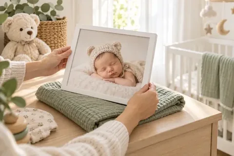 Hände legen eine Leinwand mit Babyfoto auf eine Decke