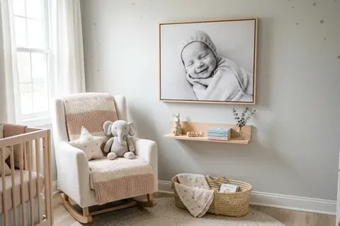 Großes Babyporträt über einem Sessel im Kinderzimmer