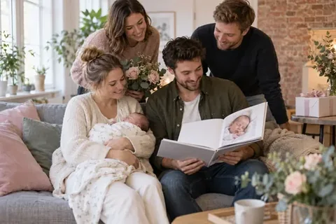 Eltern zeigen ein Fotobuch mit Babybildern