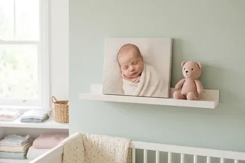 Babyfoto auf Leinwand auf einem Wandbord neben einem Teddy