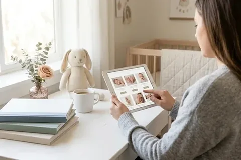Frau wählt am Tablet Babyfotos für ein Geschenk aus
