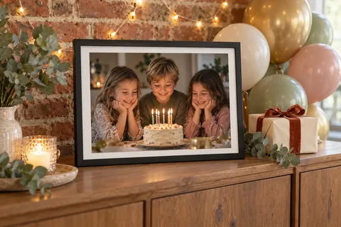 Gerahmtes Familienfoto als Geburtstagsgeschenk neben Luftballons