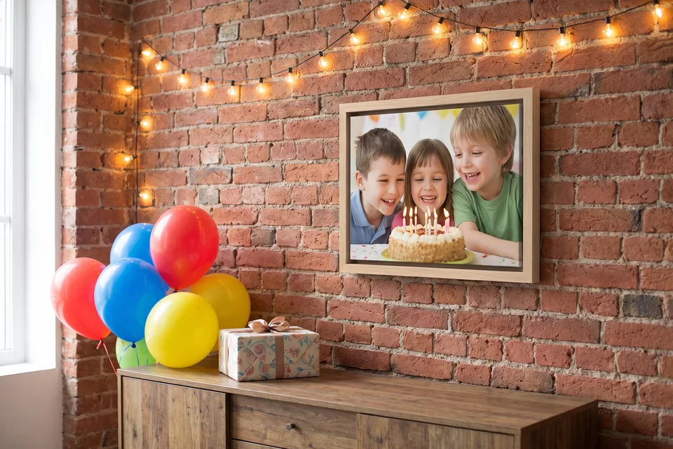 Geburtstagsfoto im Schattenfugenrahmen Naturholz an einer Backsteinwand mit Luftballons