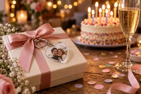 Schlüsselanhänger in Herzform mit Paarfoto auf einer Geschenkbox