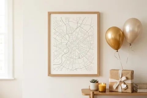 Gerahmte Stadtkarte als Geburtstagsgeschenk an einer hellen Wand