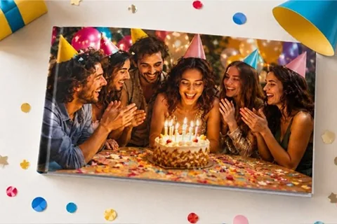 Fotobuch mit Geburtstagsfoto auf dem Cover zwischen Konfetti