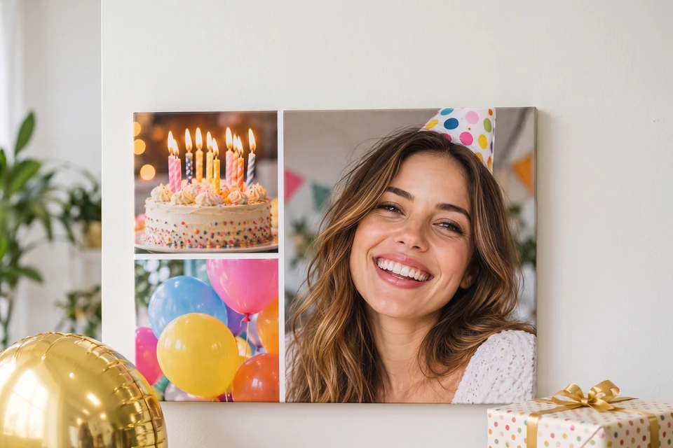 Fotocollage auf Leinwand zum Geburtstag mit Geburtstagstorte, Luftballons und Porträt mit Partyhut