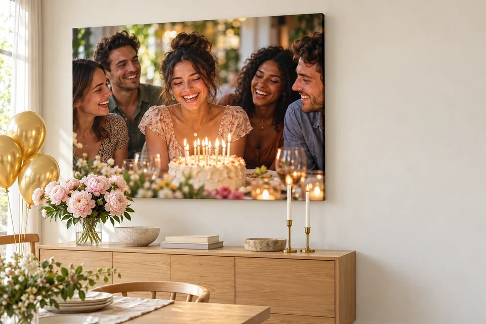 Geburtstagsfoto mit Freunden als Leinwand im Esszimmer