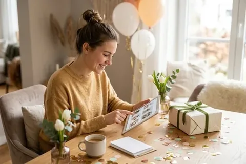 Frau gestaltet am Tablet ein Geburtstagsgeschenk mit eigenen Fotos