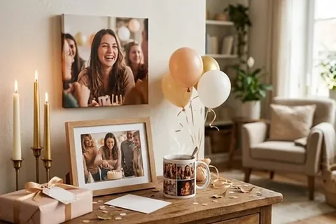 Leinwand, gerahmtes Foto und Fototasse als Geburtstagsgeschenke im Wohnzimmer