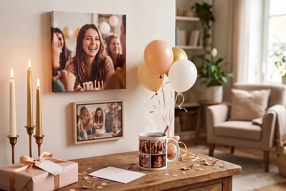 Leinwand, gerahmtes Foto und Fototasse als Geburtstagsgeschenke im Wohnzimmer