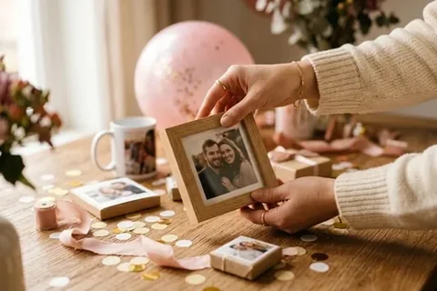 Hände stellen ein gerahmtes Paarfoto als Geburtstagsgeschenk auf