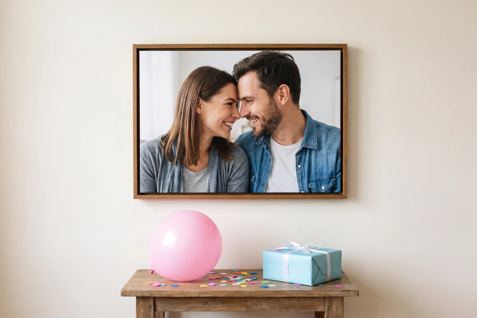 Paarfoto im Schattenfugenrahmen Eiche Antik als Geburtstagsgeschenk über einem Tisch mit Ballon