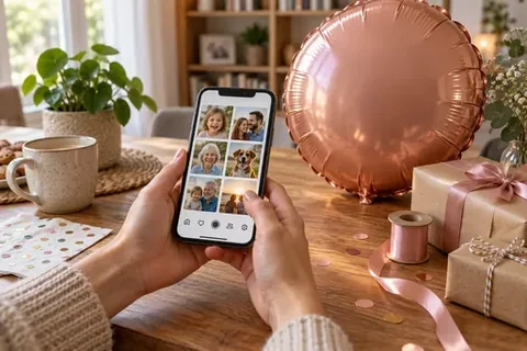 Geburtstagsgeschenk wird am Smartphone mit eigenen Fotos gestaltet