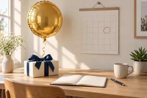 Wandkalender mit markiertem Geburtstag neben einem verpackten Geschenk
